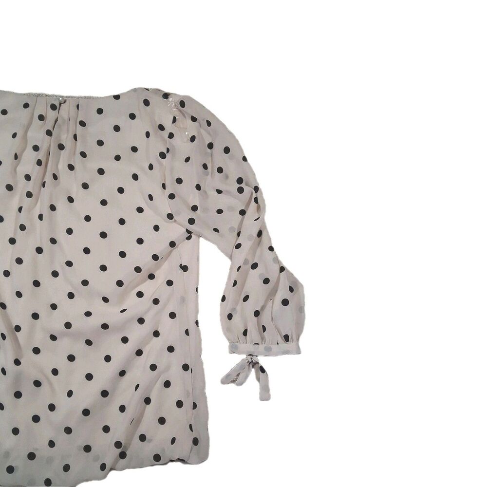 Roz & Ali Polka Dot Blouse Cream Black Tie Sleeve Bow Cuff Round Neck Top SZ M - Picture 8 of 10